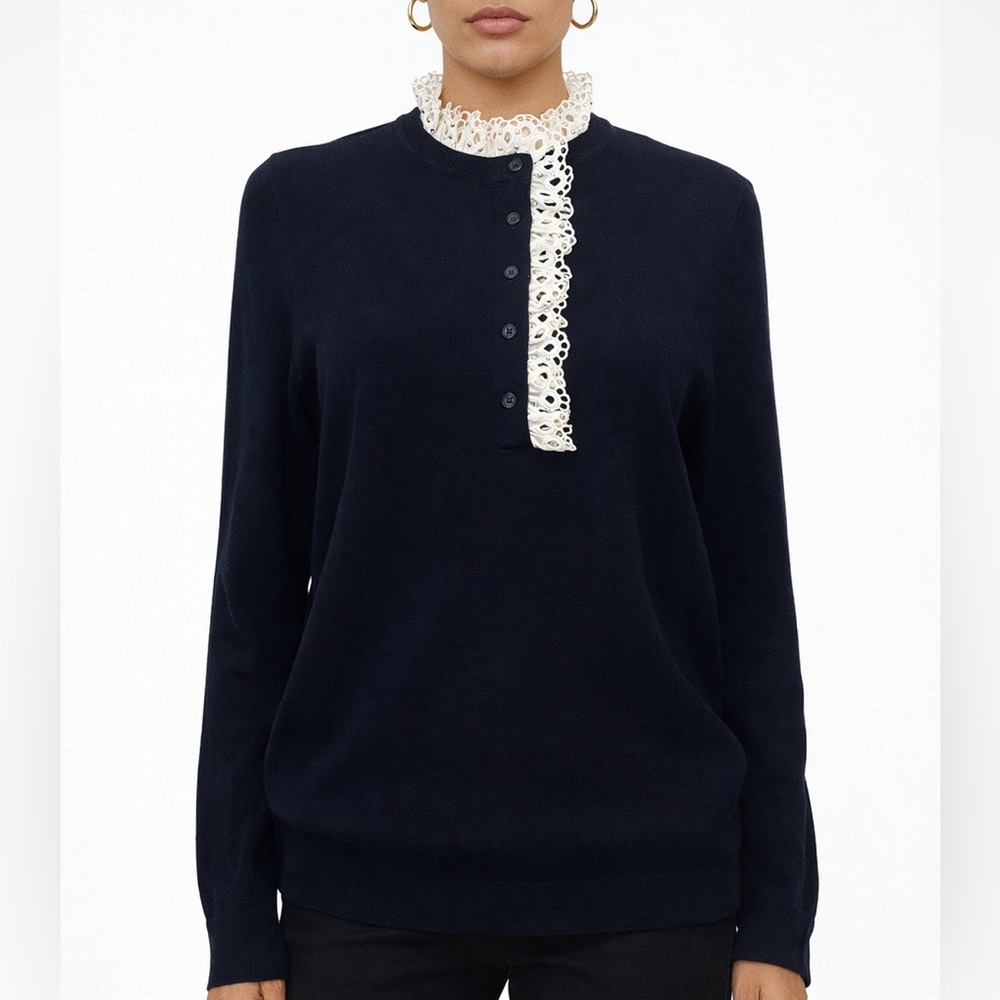 Sandro Paris Colane Crochet-Trim Navy Wool Silk Ruffle Lace Collar Sweater